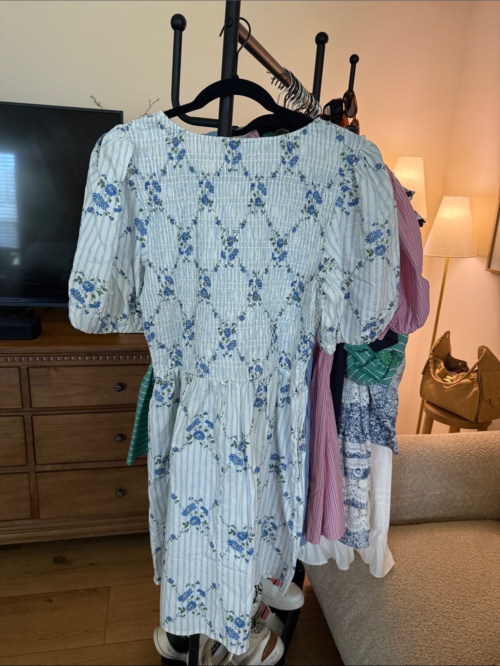 Old Navy Light Blue and White Floral Smocked Puff Sleeve Dress - Picture 2 of 3